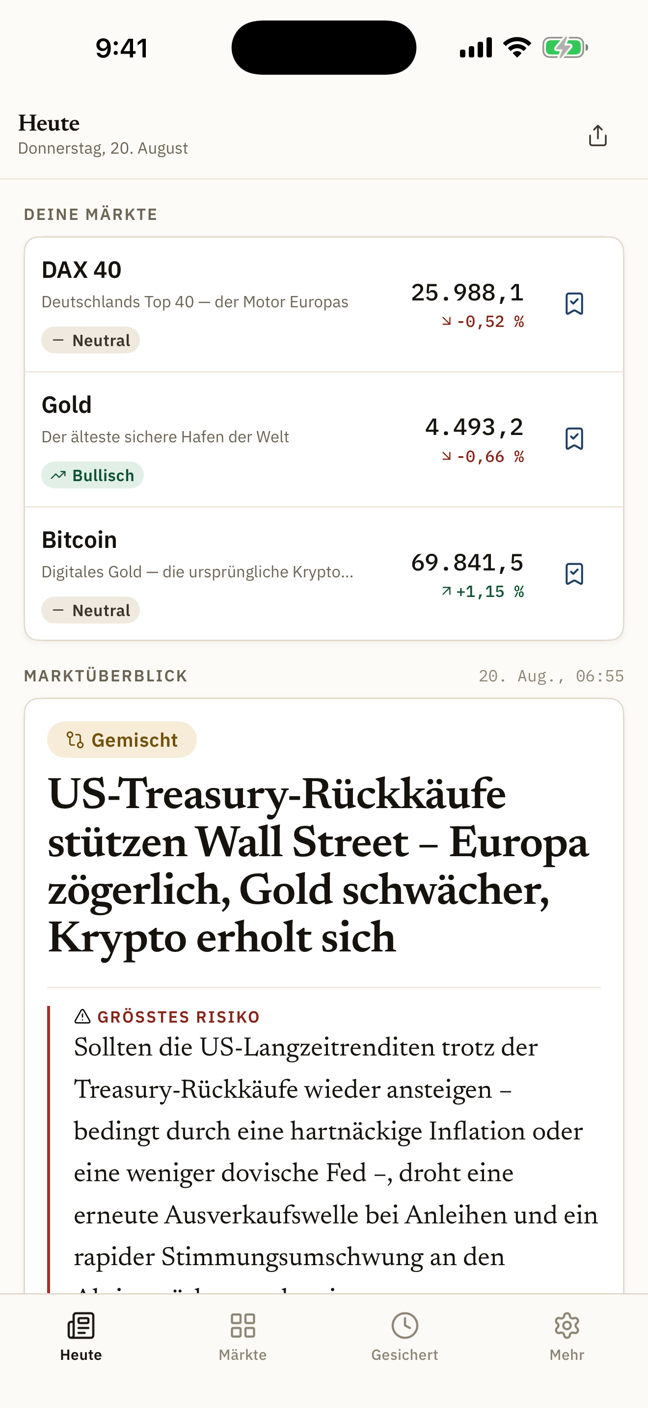 Bildschirm Heute: die eigenen Märkte mit Haltung und Kurs, darunter der Marktüberblick